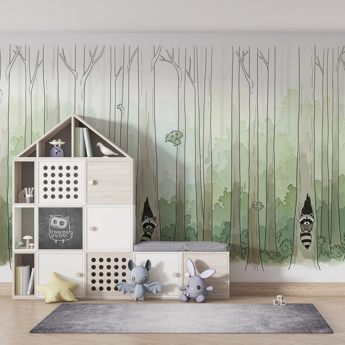 Papel de parede criança | Guaxinins na floresta encantada