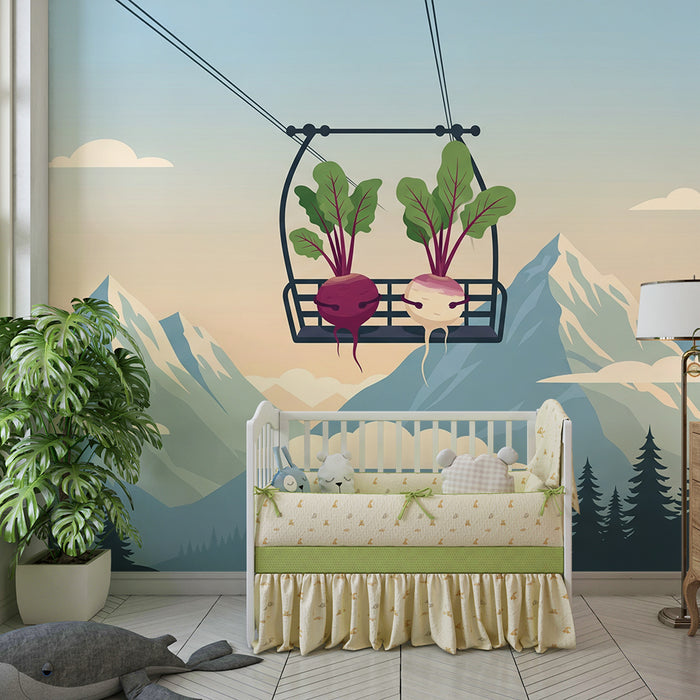 Kinderzimmer-Tapete | Lustige Radieschen in der Seilbahn mit Bergpanorama
