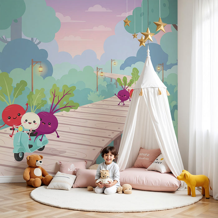 Papel de parede para quarto de criança | Rabanetes felizes a passear na floresta encantada