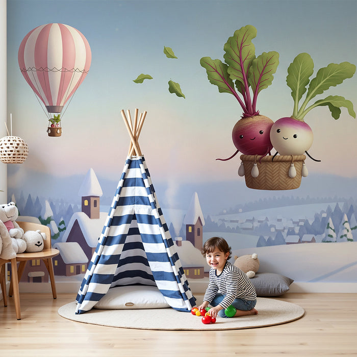 Papel de parede infantil | Rabanete feliz de balão sobre uma aldeia coberta de neve