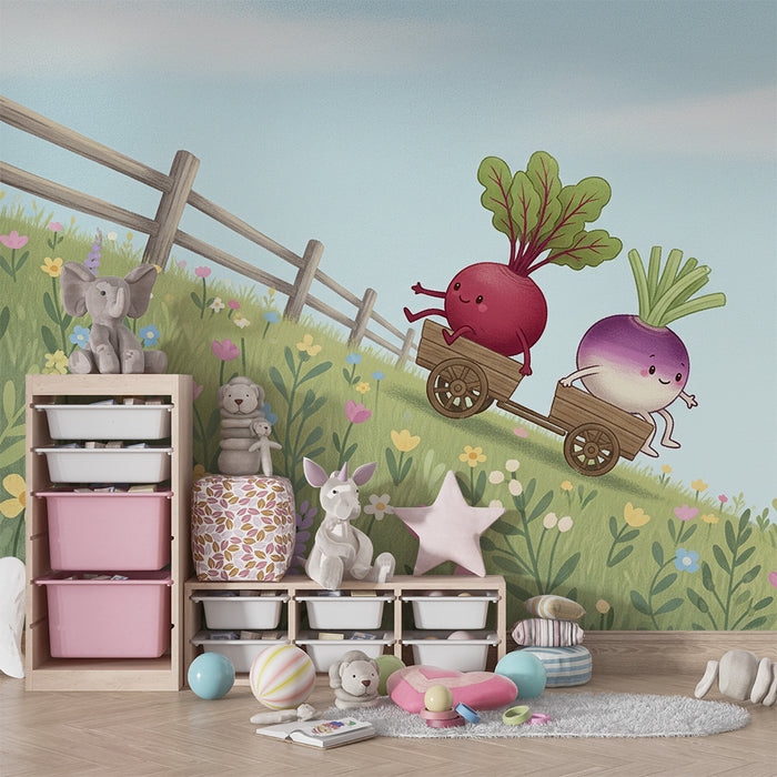 Tapet pentru camera copilului | Ridichi veseli și flori colorate într-un peisaj însorit