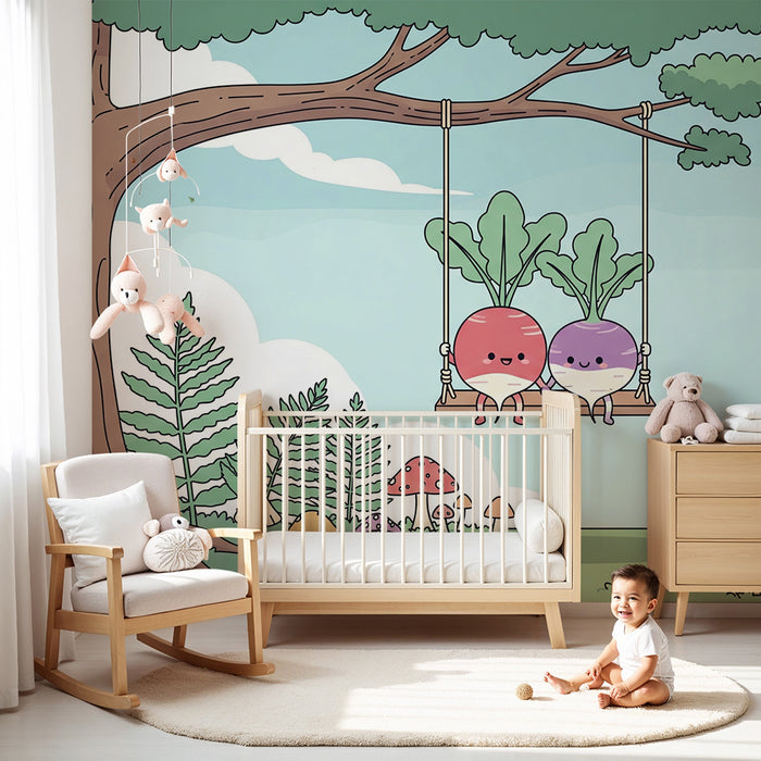 Kinderzimmer Tapete | Fröhlicher Rettich auf einer Schaukel in einer bezaubernden Landschaft