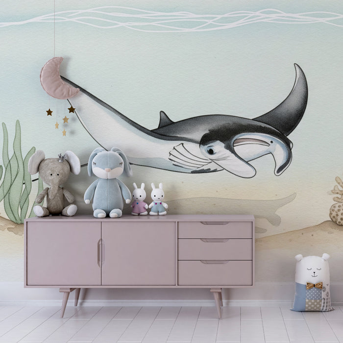 Papier peint chambre enfant | Raie manta dans son habitat marin