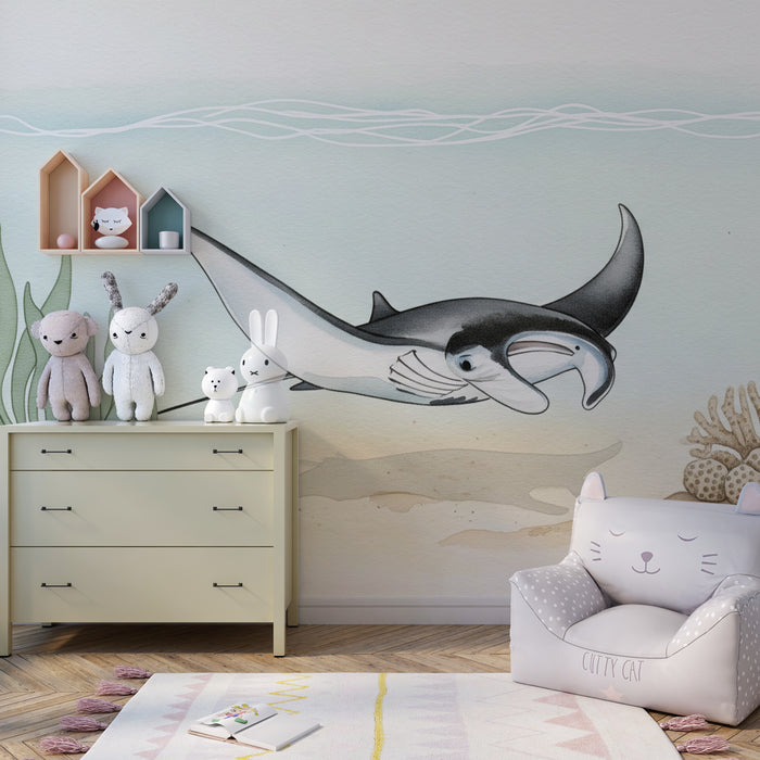 Papier peint chambre enfant | Raie manta dans son habitat marin