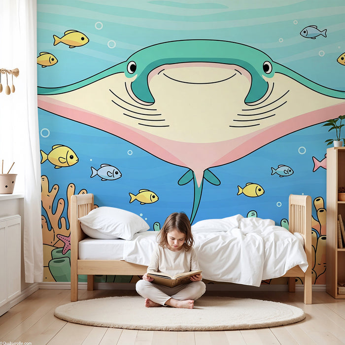 Tapet copii | Raie manta zâmbitoare și pești colorați într-o lume subacvatică