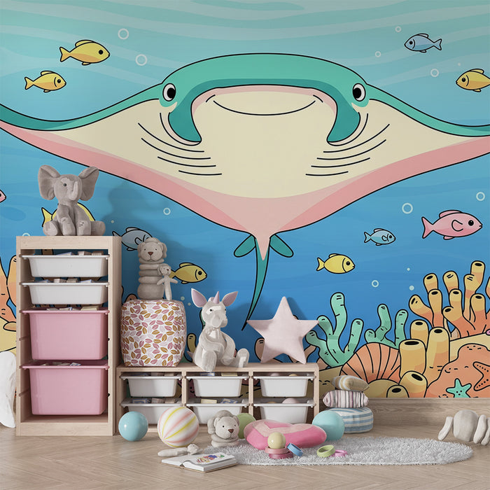 Tapet copii | Raie manta zâmbitoare și pești colorați într-o lume subacvatică