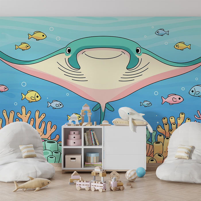 Tapet copii | Raie manta zâmbitoare și pești colorați într-o lume subacvatică
