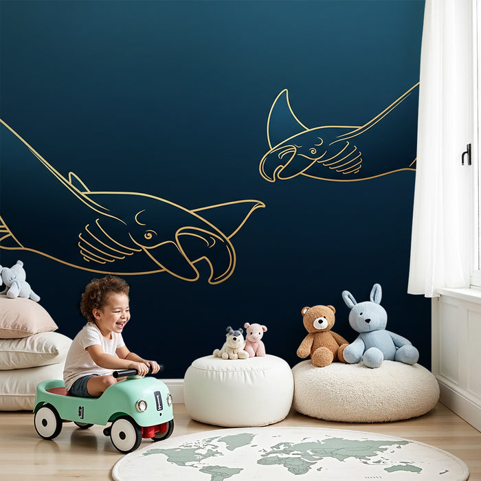 Kids room wallpaper | Elegant manta rays on oceanic background