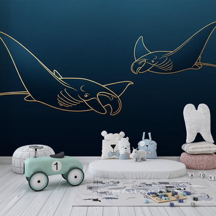 Kids room wallpaper | Elegant manta rays on oceanic background