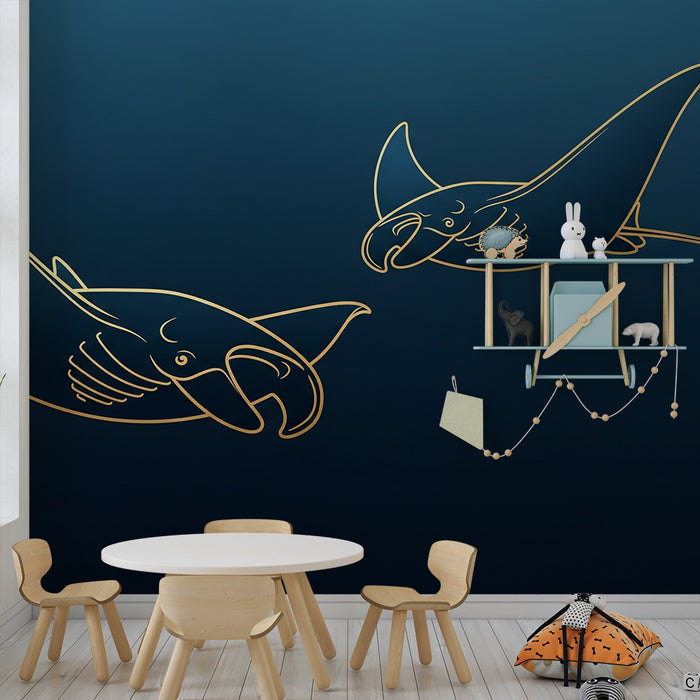 Kids room wallpaper | Elegant manta rays on oceanic background
