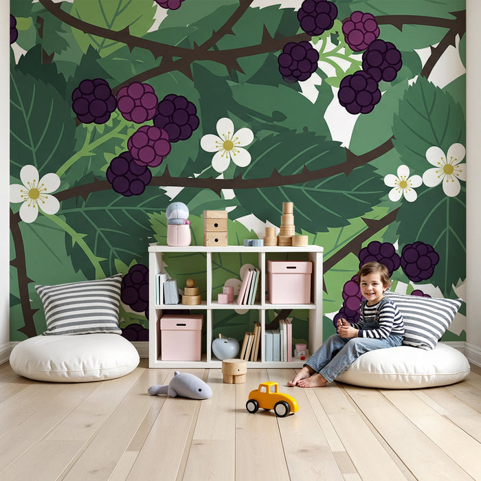 Kinderzimmer Tapete | Brombeerranken und weiße Blüten auf grünem Grund