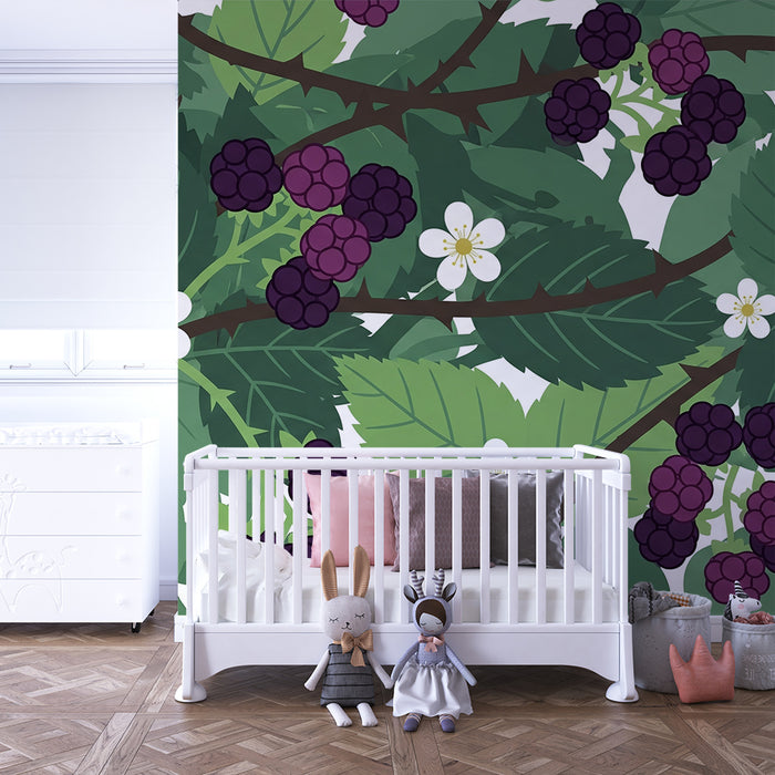 Kinderzimmer Tapete | Brombeerranken und weiße Blüten auf grünem Grund