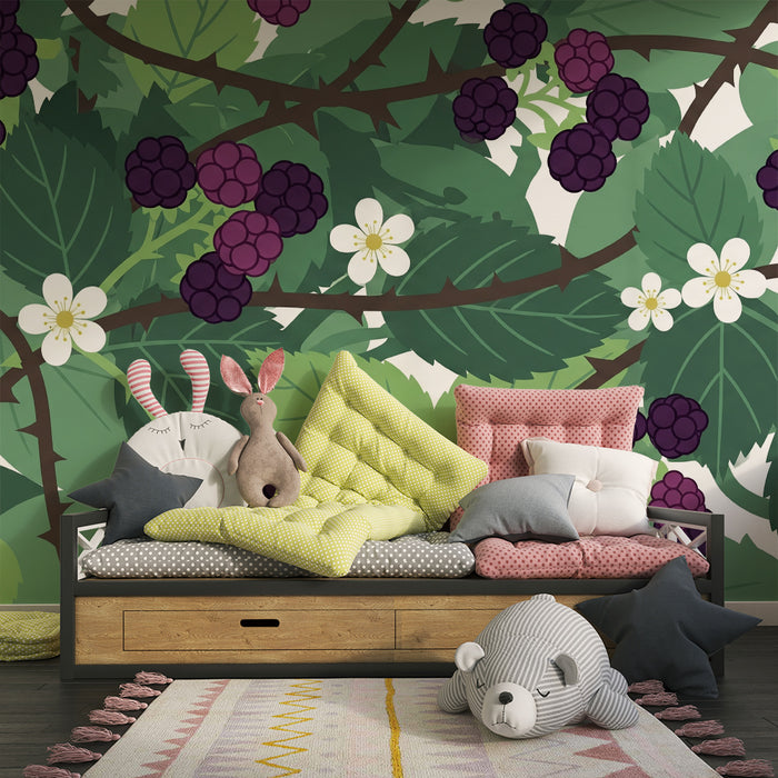 Kinderzimmer Tapete | Brombeerranken und weiße Blüten auf grünem Grund