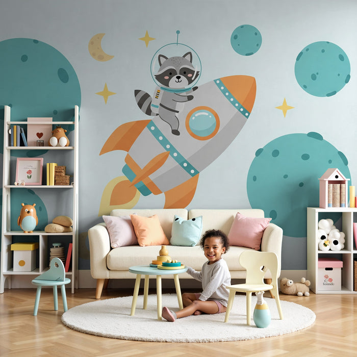 Papel pintado infantil | Mapache astronauta en el espacio