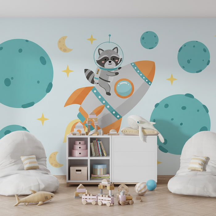 Papel pintado infantil | Mapache astronauta en el espacio