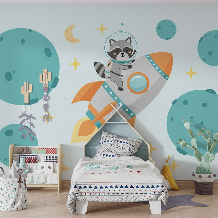 Papel pintado infantil | Mapache astronauta en el espacio