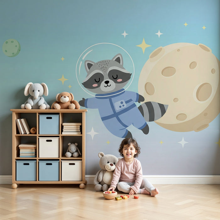 Papel pintado infantil | Mapache astronauta en el espacio y fondo degradado