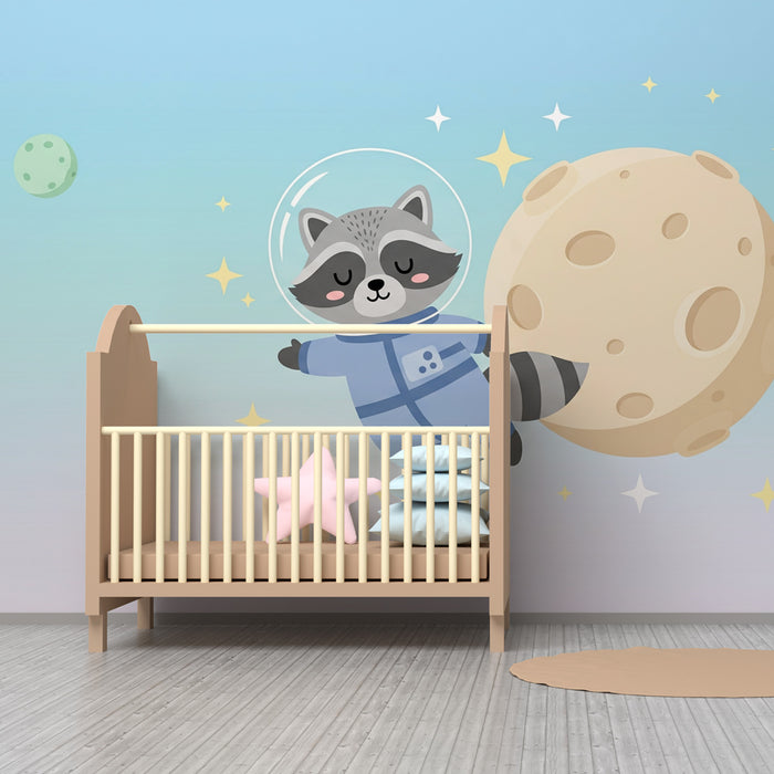 Papel pintado infantil | Mapache astronauta en el espacio y fondo degradado