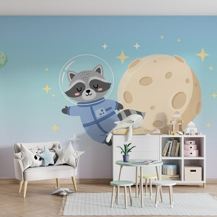 Papel pintado infantil | Mapache astronauta en el espacio y fondo degradado