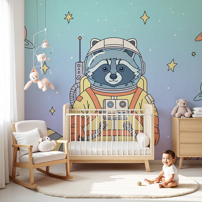 Kinderzimmer Tapete | Waschbär Astronaut in einer bunten Welt