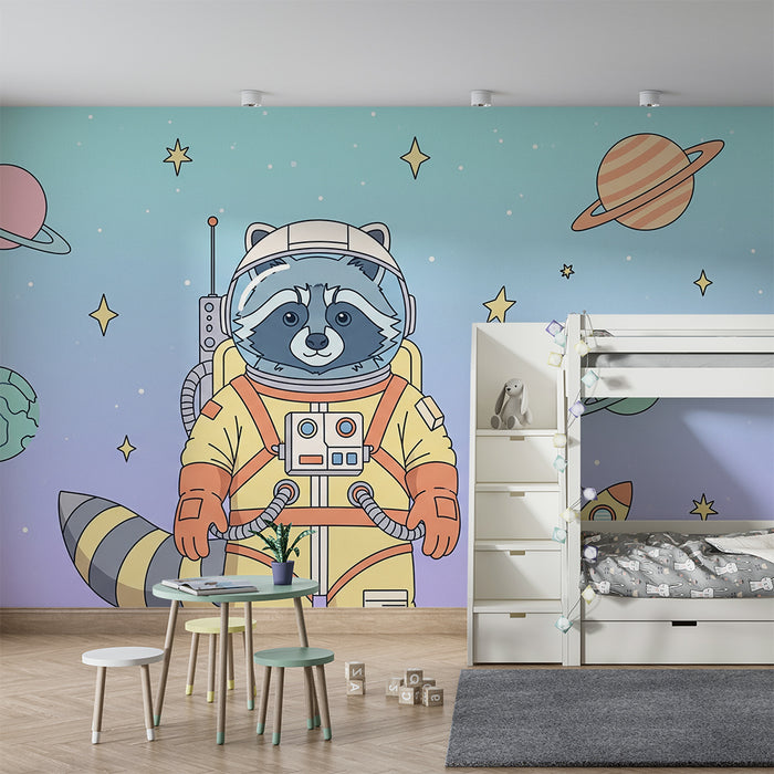 Kinderzimmer Tapete | Waschbär Astronaut in einer bunten Welt
