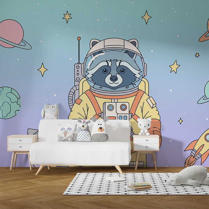 Kinderzimmer Tapete | Waschbär Astronaut in einer bunten Welt