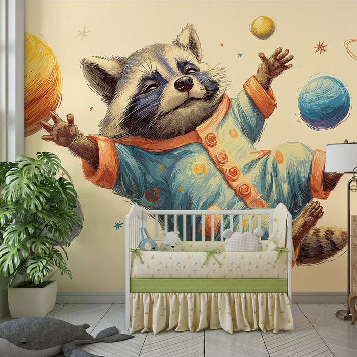 Kinderzimmer Tapete | Waschbär-Astronaut schwebt zwischen den Planeten