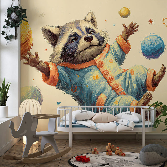 Kinderzimmer Tapete | Waschbär-Astronaut schwebt zwischen den Planeten