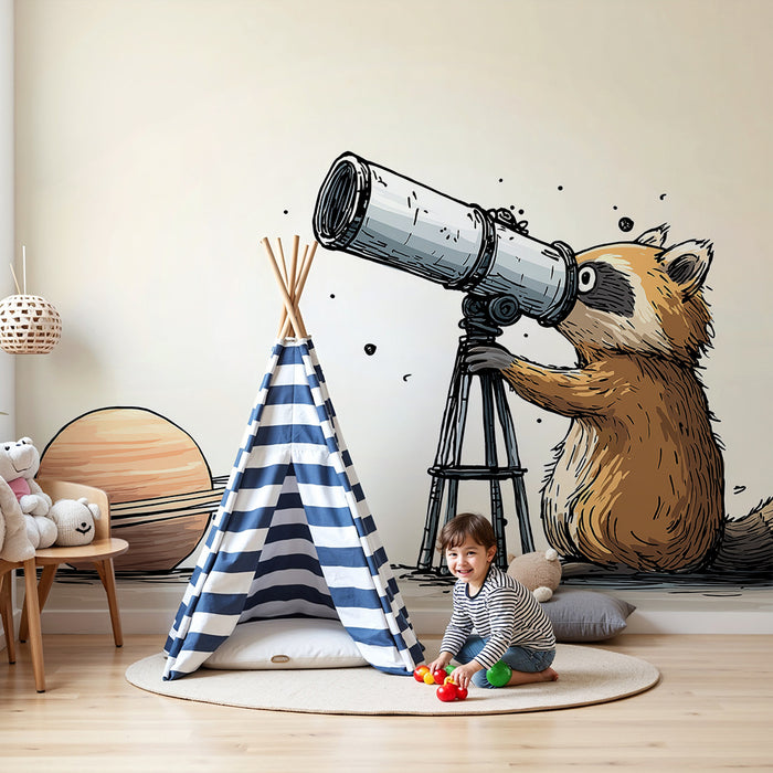 Papel pintado infantil | Mapache astrónomo con telescopio y planeta Saturno