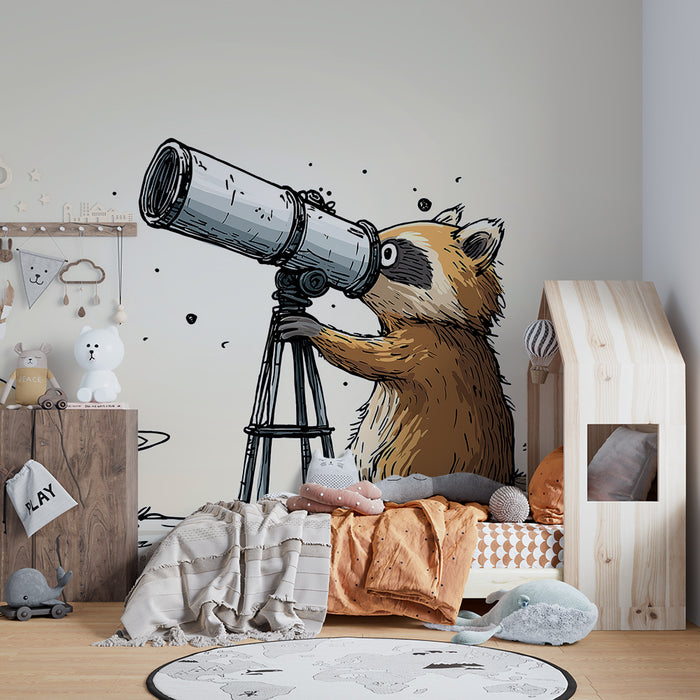 Papel pintado infantil | Mapache astrónomo con telescopio y planeta Saturno