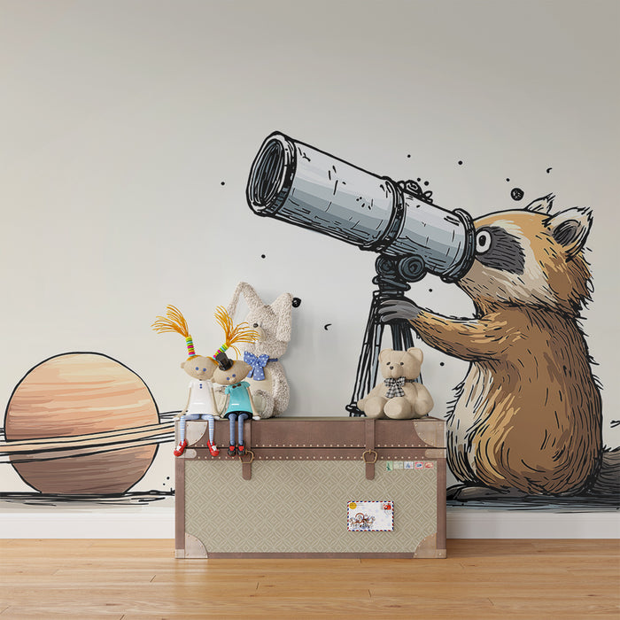 Papel pintado infantil | Mapache astrónomo con telescopio y planeta Saturno