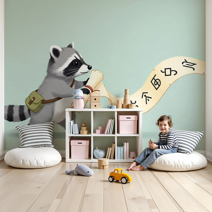 Kinderkamer behang | Avontuurlijke wasbeer met een rol perkament