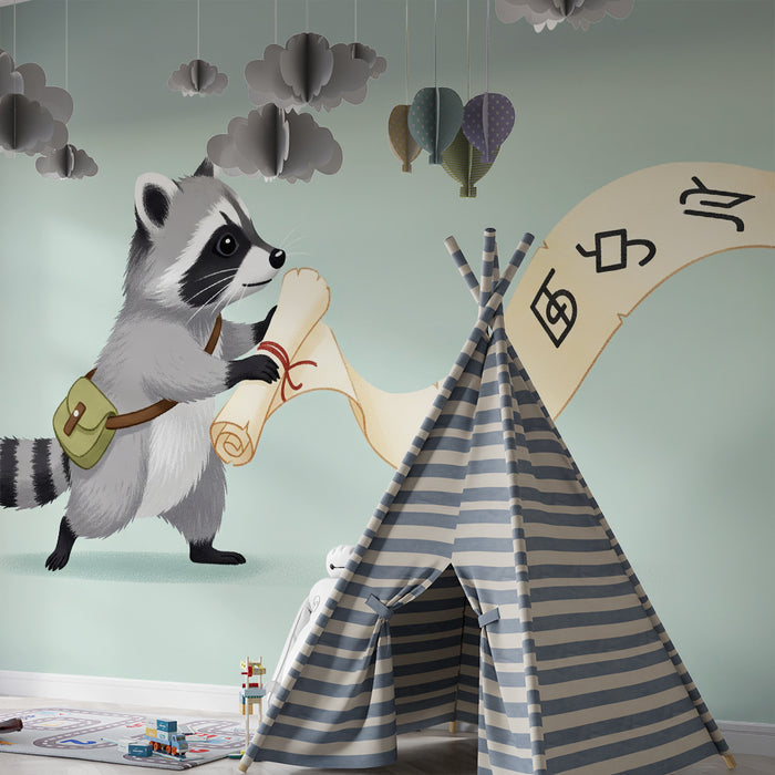 Kinderkamer behang | Avontuurlijke wasbeer met een rol perkament