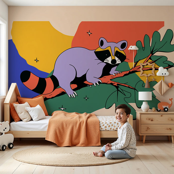 Kinderzimmer Tapete | Bunter Waschbär auf einem Ast mit geometrischen Formen