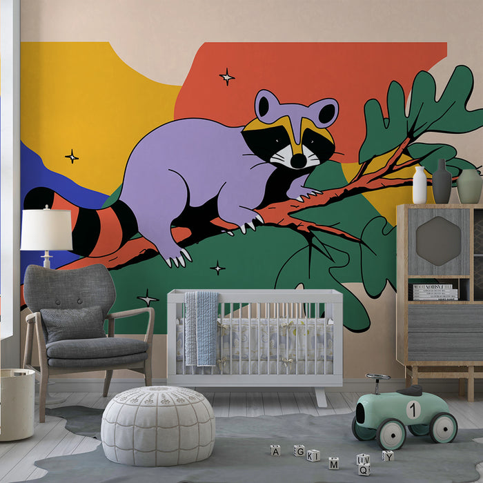 Kinderzimmer Tapete | Bunter Waschbär auf einem Ast mit geometrischen Formen