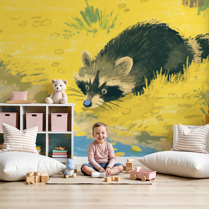 Kids' Room Wallpaper | Curious Raccoon by the Water in an Autumn Scene