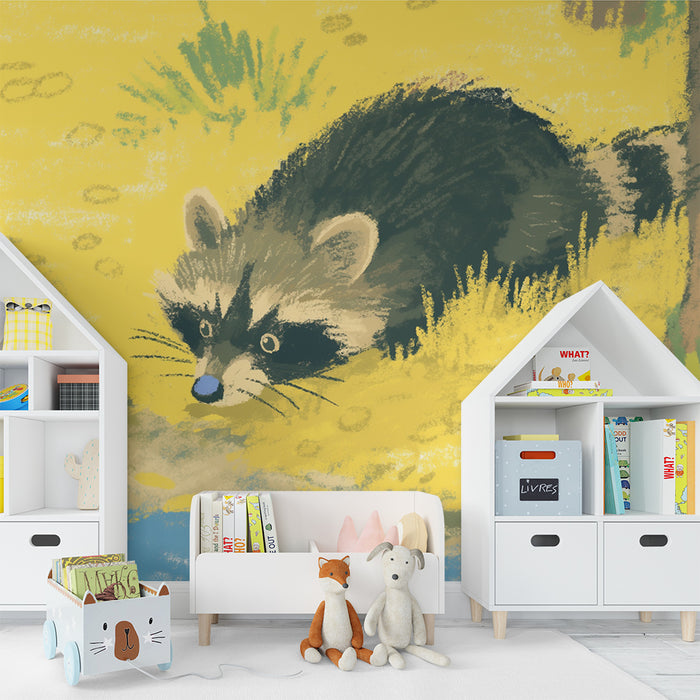 Kids' Room Wallpaper | Curious Raccoon by the Water in an Autumn Scene