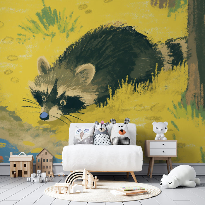 Kids' Room Wallpaper | Curious Raccoon by the Water in an Autumn Scene