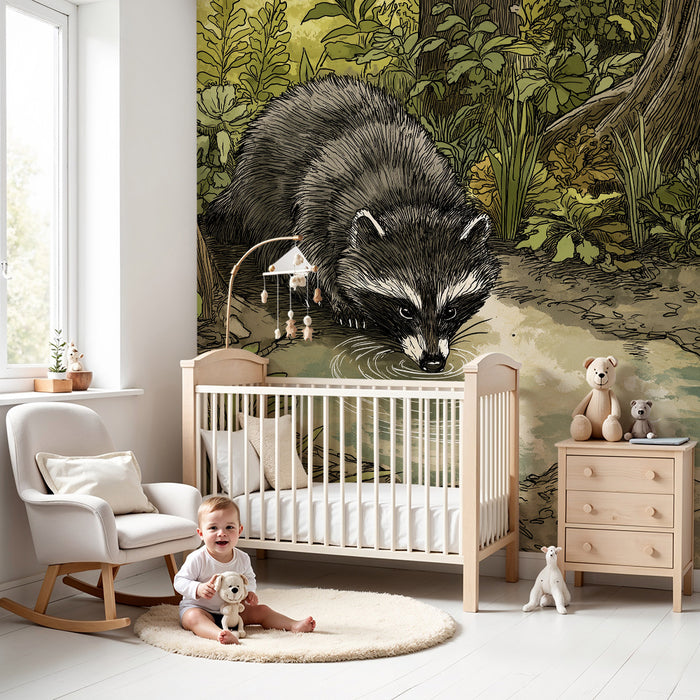 Kinderzimmer Tapete | Neugieriger Waschbär am Ufer eines grünen Waldes