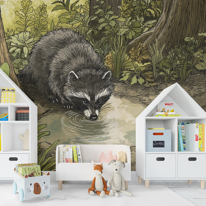 Kinderzimmer Tapete | Neugieriger Waschbär am Ufer eines grünen Waldes