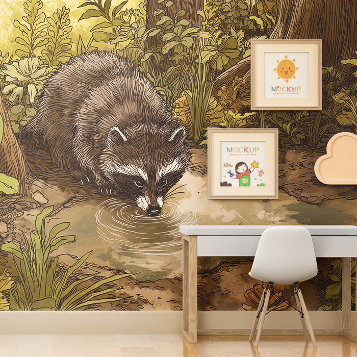 Kinderzimmer Tapete | Neugieriger Waschbär am Ufer eines grünen Waldes