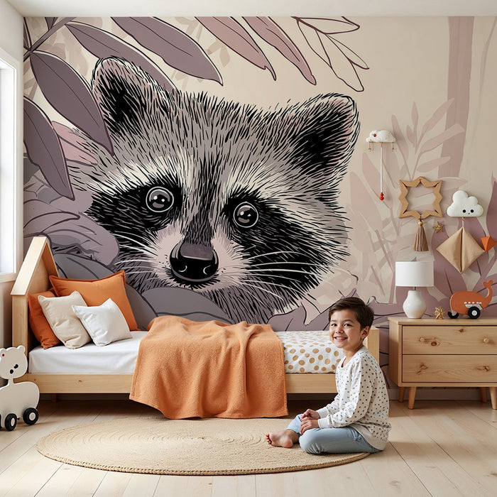 Kinderzimmer Tapete | Neugieriger Waschbär mitten im Dschungel