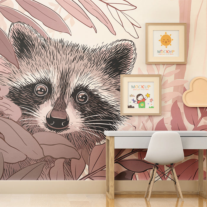 Kinderzimmer Tapete | Neugieriger Waschbär mitten im Dschungel