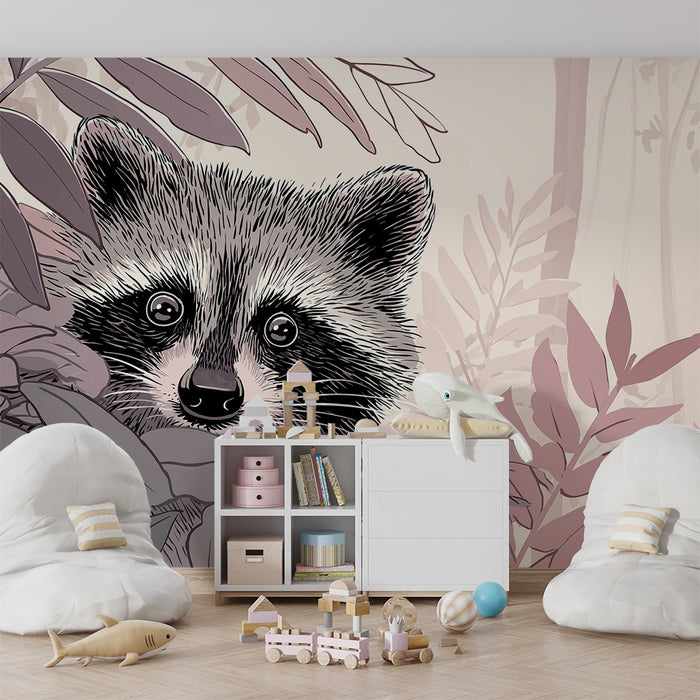 Kinderzimmer Tapete | Neugieriger Waschbär mitten im Dschungel