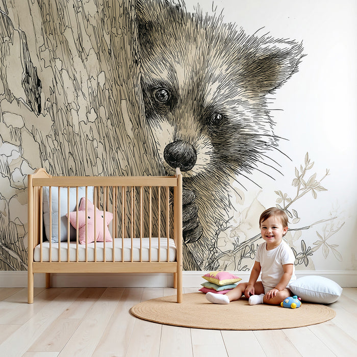 Kinderzimmer Tapete | Neugieriger Waschbär versteckt hinter einem Baum