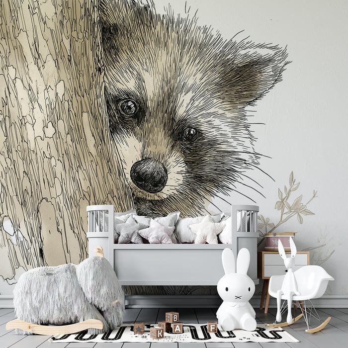 Kinderzimmer Tapete | Neugieriger Waschbär versteckt hinter einem Baum