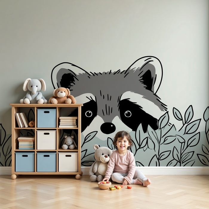 Papier peint chambre enfant | Raton laveur curieux dans la verdure