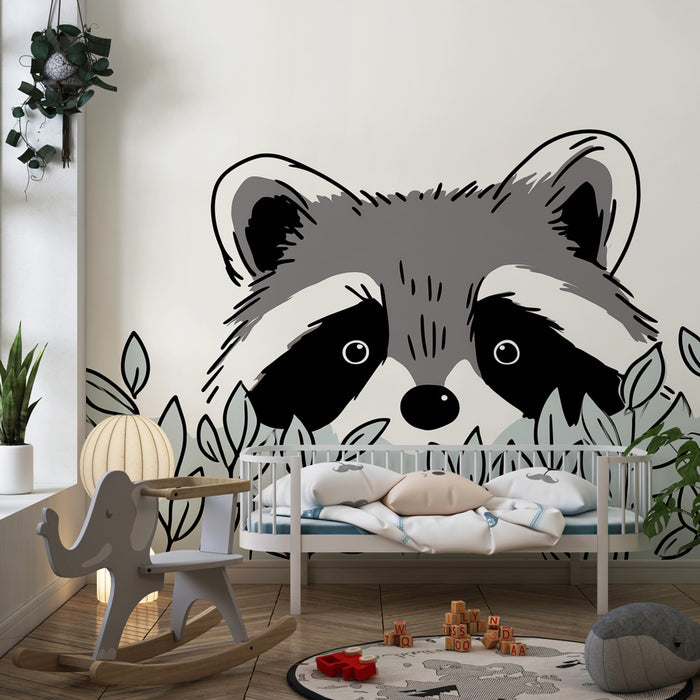 Papier peint chambre enfant | Raton laveur curieux dans la verdure