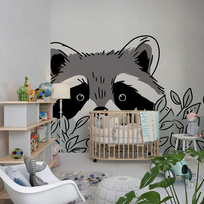 Papier peint chambre enfant | Raton laveur curieux dans la verdure
