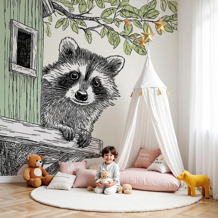 Papel pintado infantil | Mapache curioso en su cabaña de madera